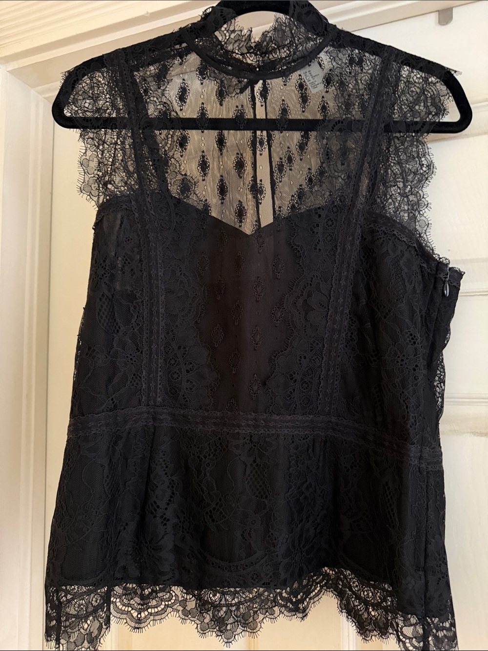 Black Lace Sleeveless Mock Neck Top